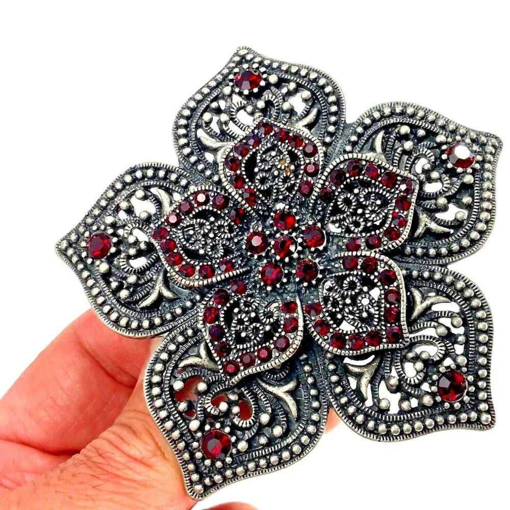 Belt Buckle Women's Star Flower Pedals Double Layer Perforated Red Rhinestones‎